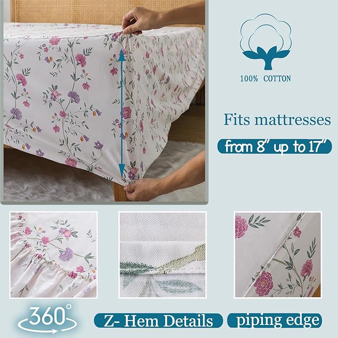 Zusbest California Sheets, Soft 100% Cotton Pink & Off White Floral Bed Sheets Shabby Vintage Chic Purple Flower Printed Sheets Breathable 4 Piece Deep Pocket 17.5‘’（Cal King,Rosy）