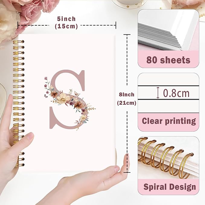 Lacama Pink Initial Letter S Notebook Journal, Customized Monogrammed Gifts, Aesthetic Wildflower Personalized Spiral Notebook, Birthday Gifts for Women, School Supplies, Office Supplie 5.5x8.3