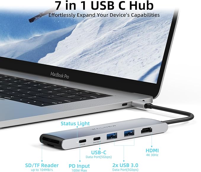 USB C Hub, WALNEW 7 in 1 USB-C Docking Station with 4K HDMI,100W PD, 3 5Gbps Data Ports(1 USBC & 2 USB 3.0),TF/SD Card Reader, USB Hub for Laptop, MacBook Pro/Air/Mac/Dell/HP/ASUS/Acer/Steam Deck