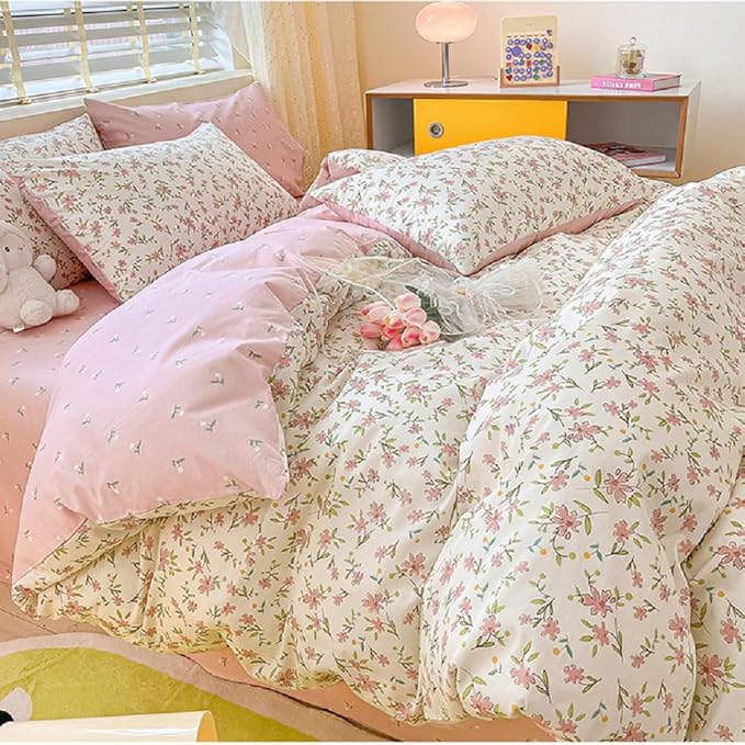 Girls Pink Floral Duvet Cover Twin XL Soft 100% Cotton Aesthetic Flower Bedding Set Vintage Botanical Comforter Cover Breathable Cottagecore Bedding Set 1 Twin XL Duvet Cover with 2 Pillowcases