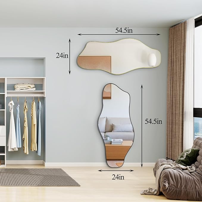 Large Irregular Mirror, 54.5"x24" Asymmetrical Tempered Glass Mirror, Modern Organic Shaped Wall Mirrors for Entryway Bedroom Living Room Bathroom, Horizontal or Vertical Hanging