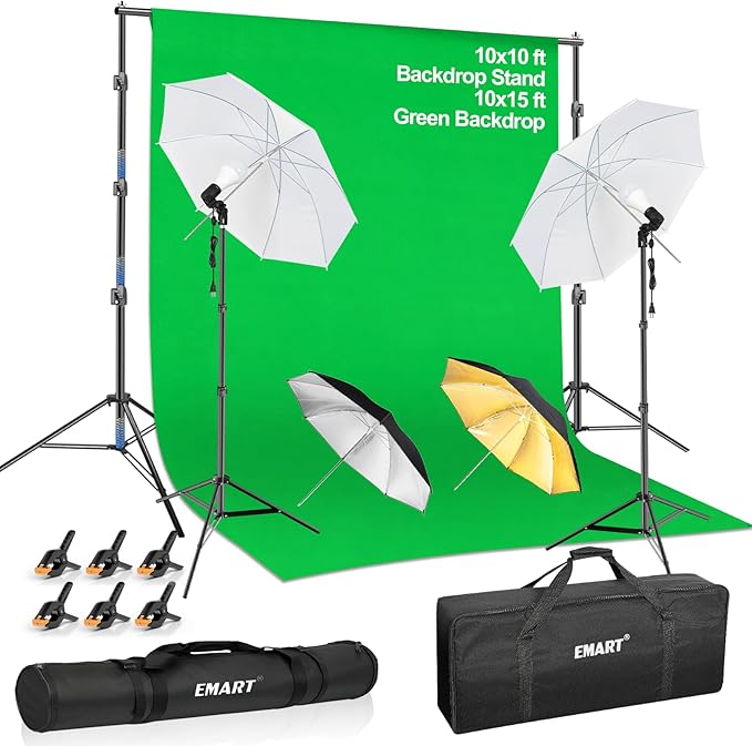 EMART 10X10 FT Green Screen Backdrop Kit, Photography Umbrella with 5500K Bulbs, 10X15 FT Green Backdrop with Spring Clamps, Professional Photography Lighting kit for Studio, Portrait, Video Shooting