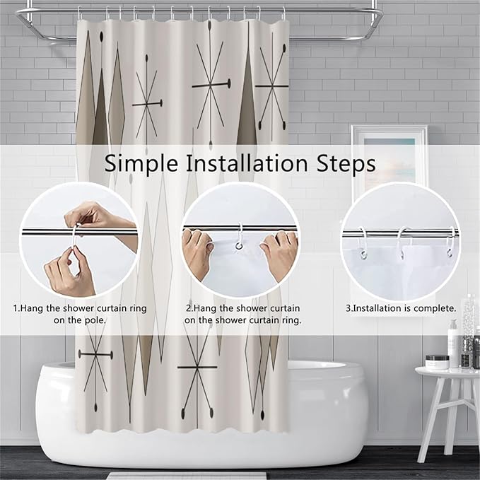 Boho Light Grey Brown Shower Curtain Abstract Mid Century Diamond Geometric Atomic Starburst Pattern Beige for 1950s Retro Bathroom Decor Shower Curtain Set with 12 Hooks, 72x96 Inches