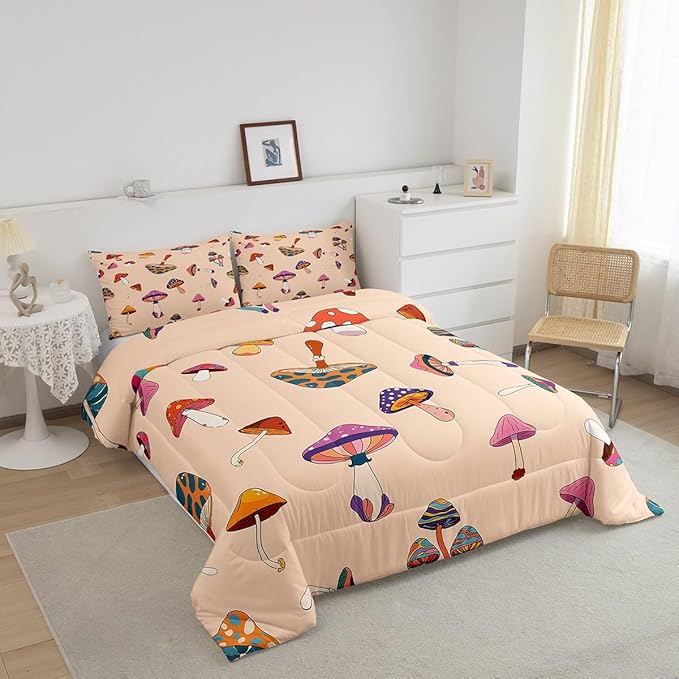 Castle Fairy Retro Trippy Mushroom Comforter Set Full Size,Hippie Plant Bedding Comforters for Girls Teens Gift,60s 70s Cartoon Style Quilt Set with 2 Pillowcases,Chic