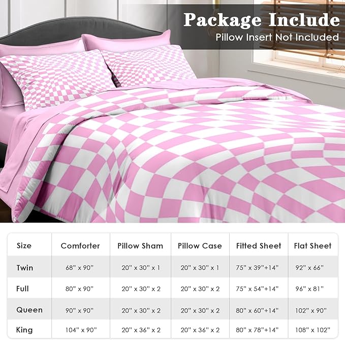 Comforter Set King Size, Pink White Geometric Checkerboard 7 Pcs Bedding for Kids and Adults, Chess Checkered Bedding Sets with Fitted Sheet 2 Pillowcase & 2 Sham for Bedroom Bed Decor