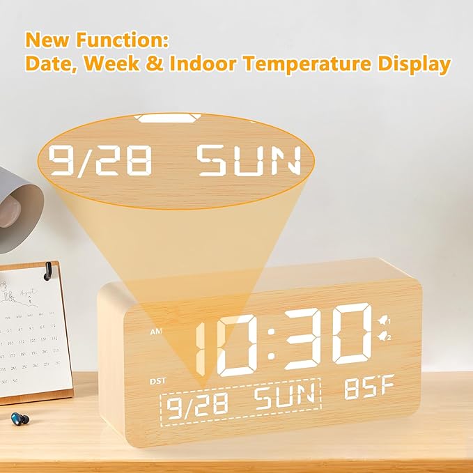 Fomobest Wooden Digital Alarm Clock for Bedroom -Desk Clock with Date, Day of Week, Temperature, Dual Alarms, Dimmer, USB Port Charge, DST, Adjustable Volume for Living Room/Office Wood Decor (Bamboo)