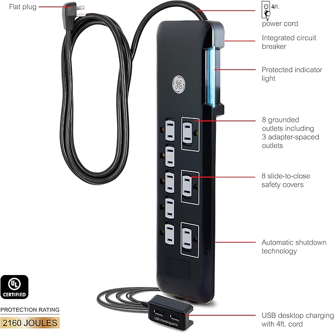 GE UltraPro 8 Outlet Surge Protector with USB Charging Dock, 2 USB Ports, 2160 Joules, 4' Cord, Black, 34117
