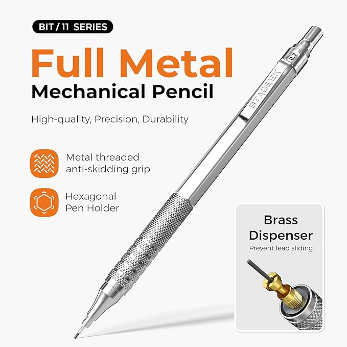 35Pcs Art Mechanical Pencil Set with Case, 0.5 0.7 0.9 2.0 Graphite Metal Drawing Drafting Pencils, Sharpener Erasers 384PCS Lead Refills (6B 4B 2B HB 2H 4H Colors)Pencils for Writing Sketching,Silver