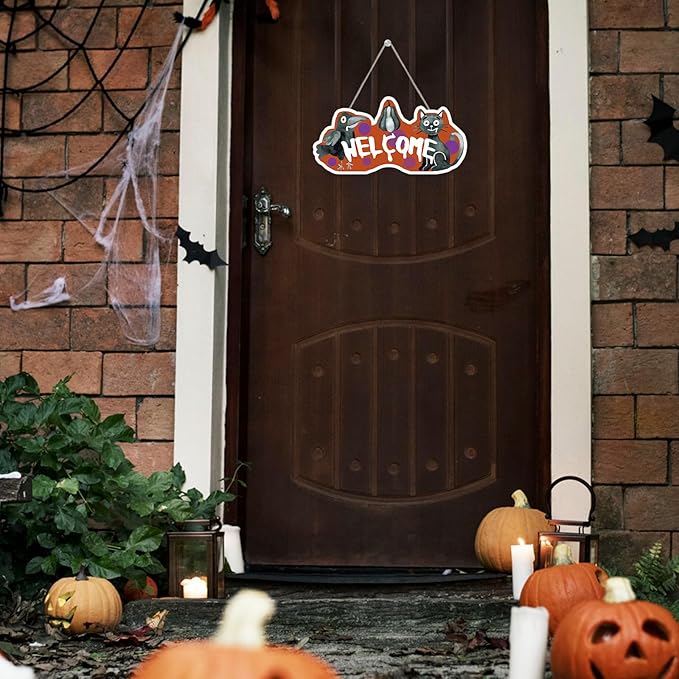 Abstract Raven & Cat Halloween Sign - 6" x 10" Rustic Farmhouse Wall Decor with Jute Rope, Perfect for Halloween, Cottage, Home, Bedroom, Witch Theme, Spooky Seasonal Wall Art. - A04