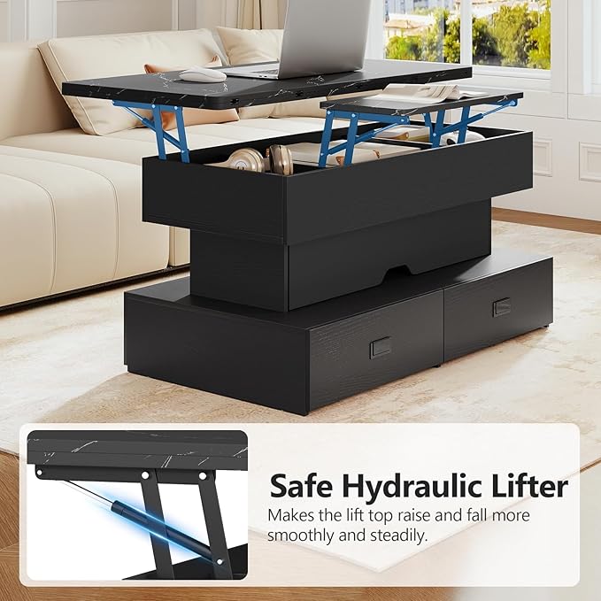 Turosur 40" Lift Top Coffee Table, LED Coffee Tables with Storage and 4 Drawers, Coffee Table with Lifting top for Living Room Home Office, Black