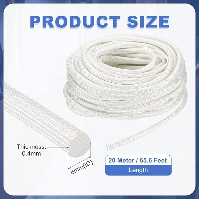 uxcell Insulation Cable Protector,6mm/0.24 Inch-20m/66 Feet High Temp Fiberglass Sleeve White