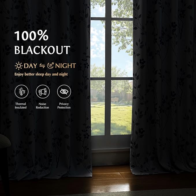 Beauoop Floral 100% Blackout Curtains 84 Inches Long 2 Panels for Bedroom Living Room Blue Grey and White Flower Patterned Room Darkening Thermal Soundproof Rod Pocket Back Tab Window Drapes, 52X84