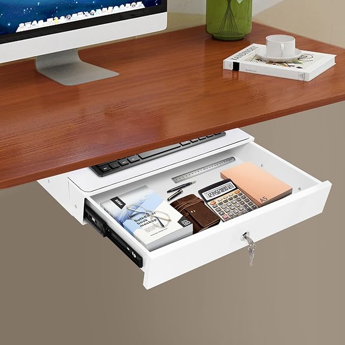 LEYSRIS 19.78" Under Desk Storage Drawer, Locking Design White Sliding Pull-Out Drawer for Sit Stand Workstation