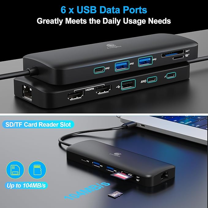i-magBac Laptop Docking Station Dual Monitor 2 HDMI, 11-in-1 USB C 4K/60Hz Dual Display Dock,1Gbps Ethernet, 100W USB C PD Port, 5 USB A/C Ports, SD/TF Card Slot for Dell, HP, Lenovo, Surface(Black)