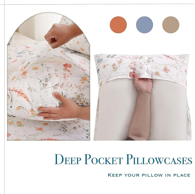 Zusbest Floral Bed Sheets Full Size Percale Cotton Orange Blue Flower Sheets Set Green Botanical Printed on White Patterned Deep Pocket Sheets, Crisp Soft Breathable for Hot Sleepers, 4 Pcs, Full