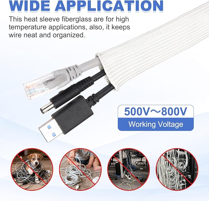 uxcell Insulation Cable Protector,40mm/1.57 Inch-2m/7 Feet High Temp Fiberglass Sleeve White