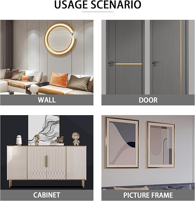 Glossy Gold Peel and Stick PVC Molding Trim, Flexible DIY Wall Accent Strip for Mirror Frame, Cabinet, Edges & Borders and Tiles (394''L x 1.6''W)