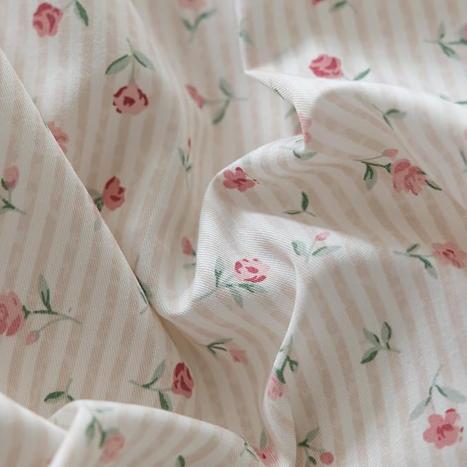 Rose Flower Duvet Cover King Garden Style Vintage Floral Bedding Set Chic Botanical Flower Comforter Cover with 2 Bow Ties Pillowcases 100% Cotton Pink Stripes Comforter Cover Cottagecore Bedding Set