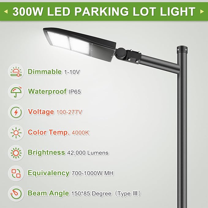 300W LED Parking Lot Light 4000K Neutral White, 40500lm, DLC Premium UL Listed, Slip Fitter Mount, 1-10V Dimmable, 20KV Surge Protection, Shoebox Area Light