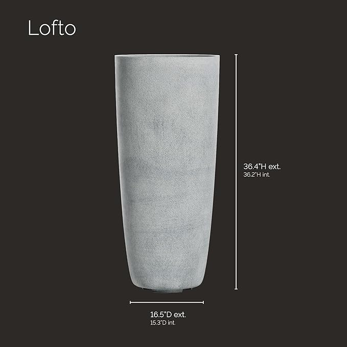 Lofto Tall Planter – Concrete Stone Finish – Fiberglass Indoor/Outdoor and Weather-Resistant Large Planter (16.5" D x 36.4" H Exterior, 15.3" D x 36.2" H Interior)