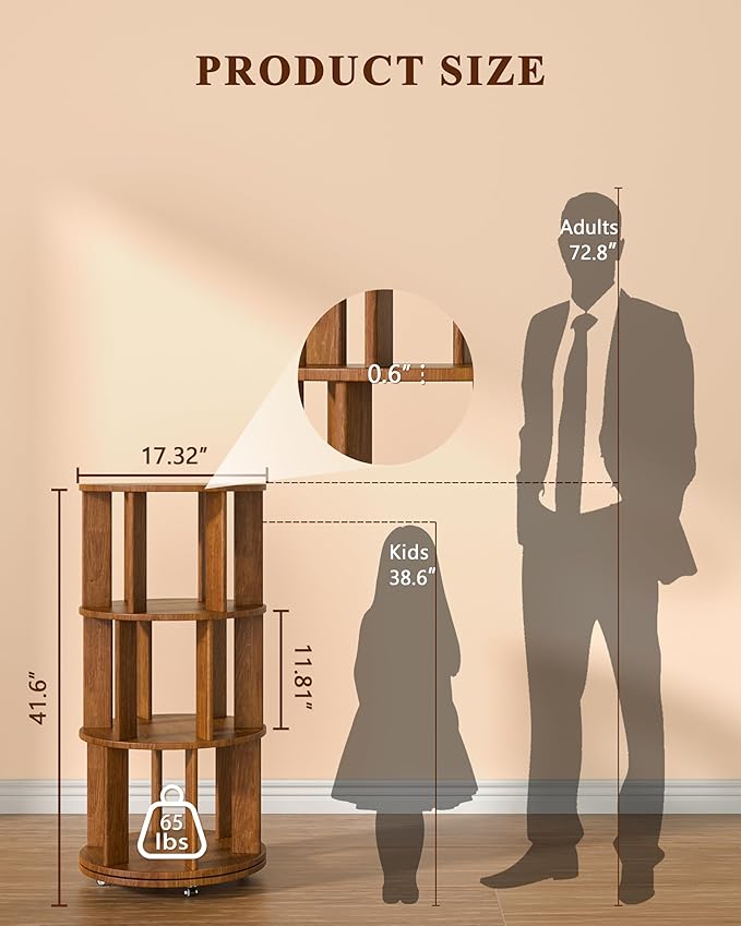 3-Tier Solid Wood Rotating Bookshelf on Wheels, 360° Spinning Book Shelf Tower, Round Revolving Bookcase Organizer, Rolling Bookshelves for Small Spaces, Corner, Bedroom, Kids Room, Office, Walnut
