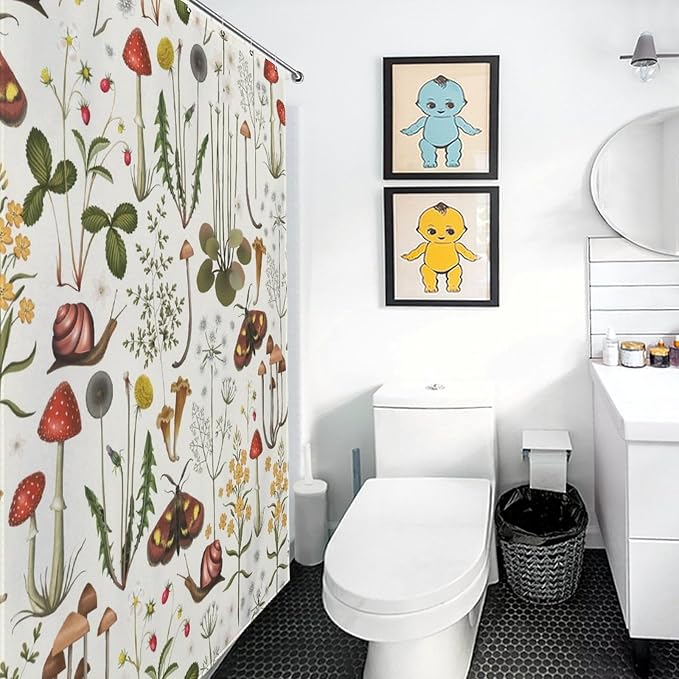 Mushroom Shower Curtain for Bathroom, Farmhouse Country Wild Floral Moth Botanical Mushroom Cottagecore Nature Plants Herbs Waterproof Fabric Shower Curtain Set with Hooks, 72"x78" Inch