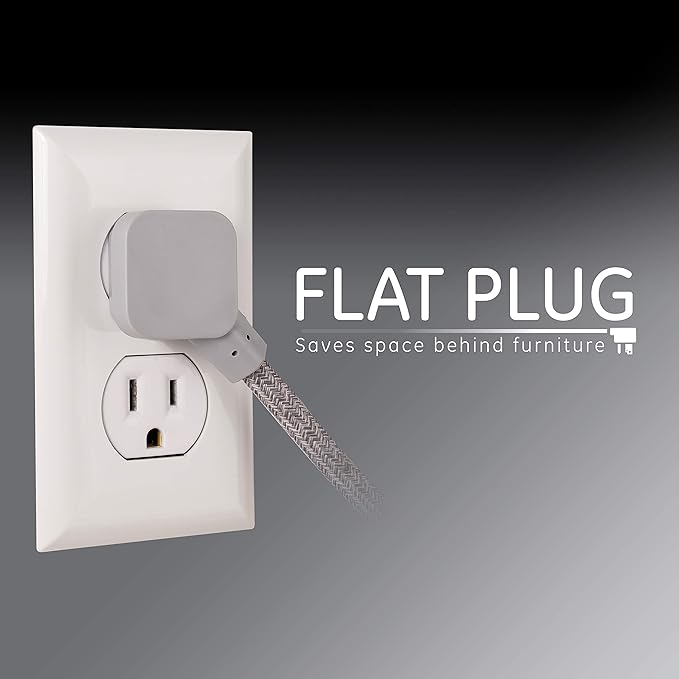 GE Pro 3 Outlet Surge Protector Power Strip, 8 Ft Designer Braided Extension Cord, Flat Plug, Wall Mount, Heather Gray, 45916