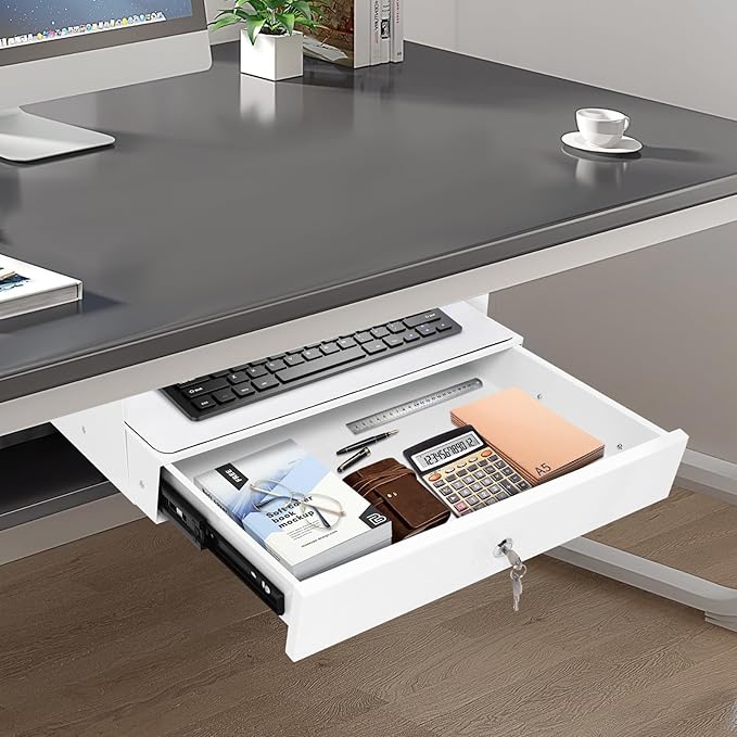 LEYSRIS 19.78" Under Desk Storage Drawer, Locking Design White Sliding Pull-Out Drawer for Sit Stand Workstation