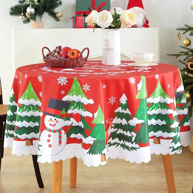 Eikione Christmas Tablecloth Round 60Inch, Christmas Tree+Santa Claus Table Cloth, Wipeable Table Cover for Picnic Party
