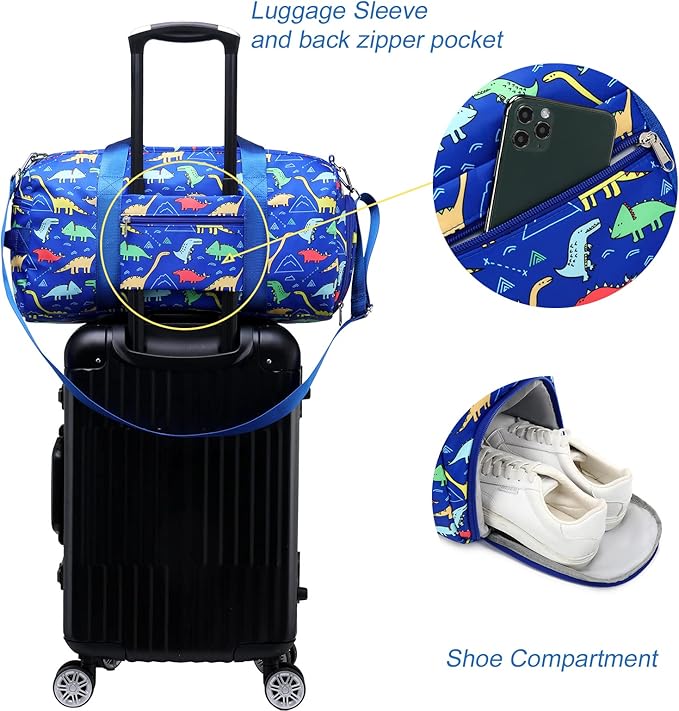 CAMTOP Kids Duffel Overnight Bag Boys Girls Toddler Weekender Carry-On Personalized Tote for Travel Gym Sport (Dinosaur-Dark Blue)