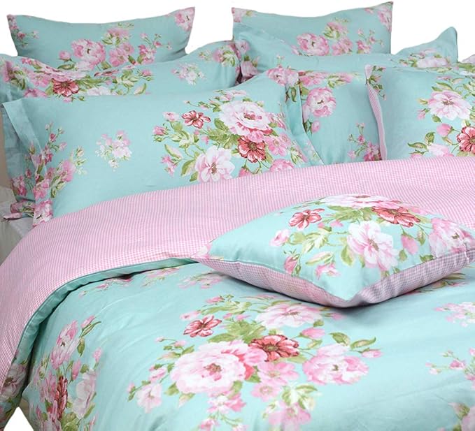 FADFAY Shabby Floral Duvet Cover Set Pink Grid Cotton Farmhouse Bedding with Hidden Zipper Closure 3 Pieces, 1duvet Cover & 2pillowcases,Full Size