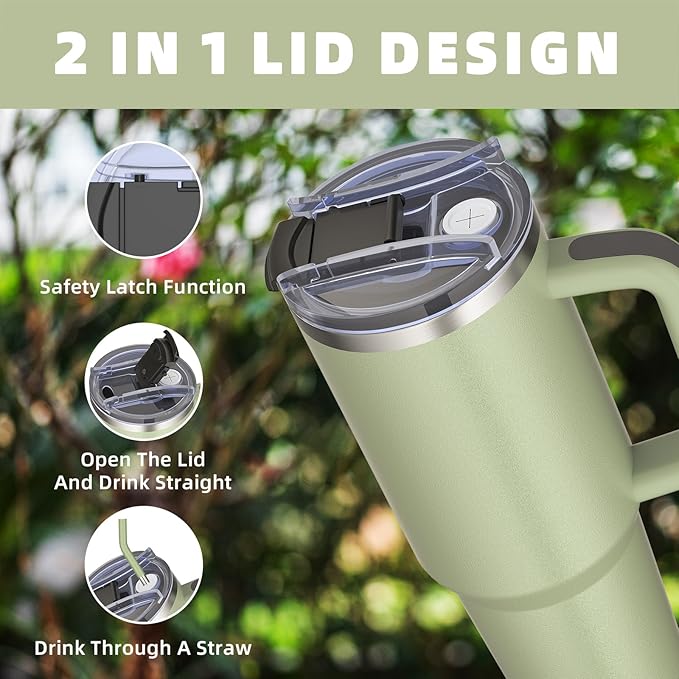 40 oz tumbler with handle and straw,Double Wall Vacuum Reusable Stainless Steel Insulated Water Bottle,With Leak Proof lid and Straw for Iced or Cold Beverages (bay green)