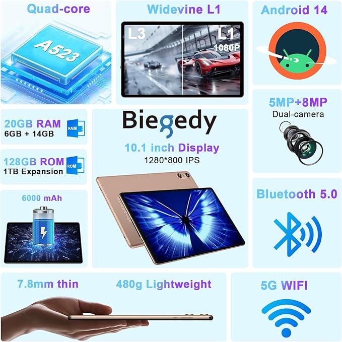 2025 Tablet, 10 Inch Android Tablet 20GB RAM+128GB ROM+1TB Expand, Octa-Core Android 14 Tablets with Keyboard, Mouse, HD IPS Touchscreen, 6000mAh, BT 5.0, WiFi 6, Widevine L1, Split Screen -Rose Red