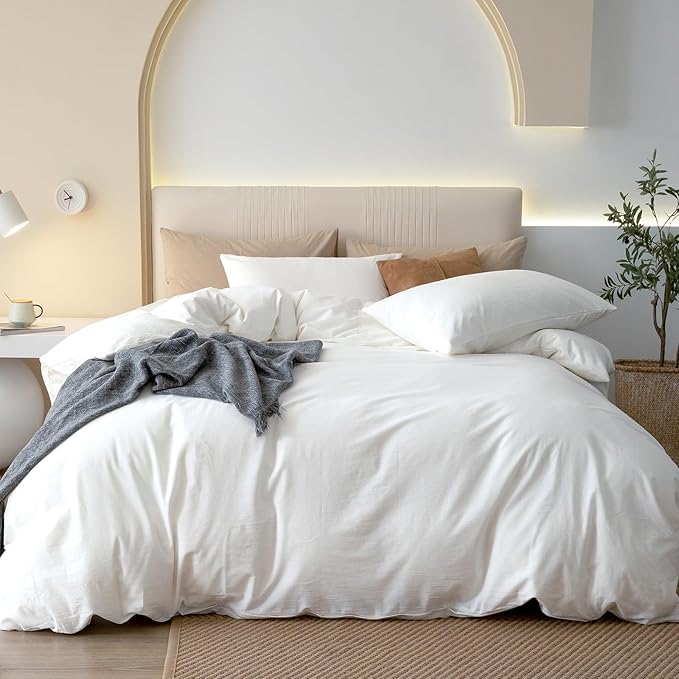 JIYUAN 100% Washed Cotton Duvet Cover Set 3 Pieces Oversized King, 1 Duvet Cover 120x98 Inches(Comforter Not Included) and 2 Pillowcases,Linen Feel Bedding Set Comfy and Breathable,Bright White