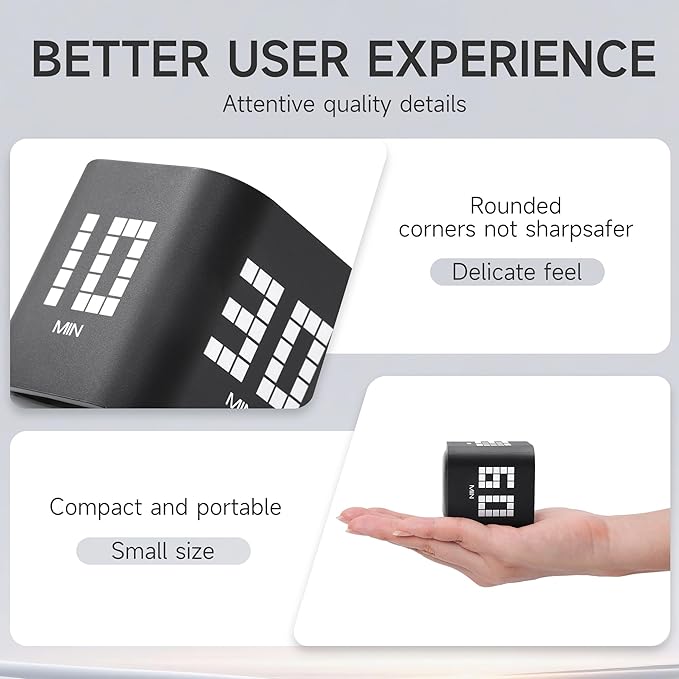 Exlliy Rotating Productivity Timer 5, 10, 30, 60 Minutes Preset, Desk Cube w/Gravity Sensor for ADHD, Mute Functions, Ideal for Work, Study, Kitchen, Back to School (Black)