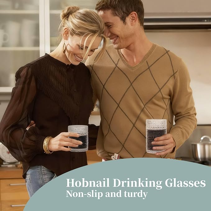 Gray Hobnail Drinking Glasses Set of 8，15 oz Vintage Highball Glassess & 12 oz Cocktail Glasses，Drinkware Kitchen Glasses for Cocktail, Iced Coffee, Beer, Ice Tea, Wine, Whiskey, Water