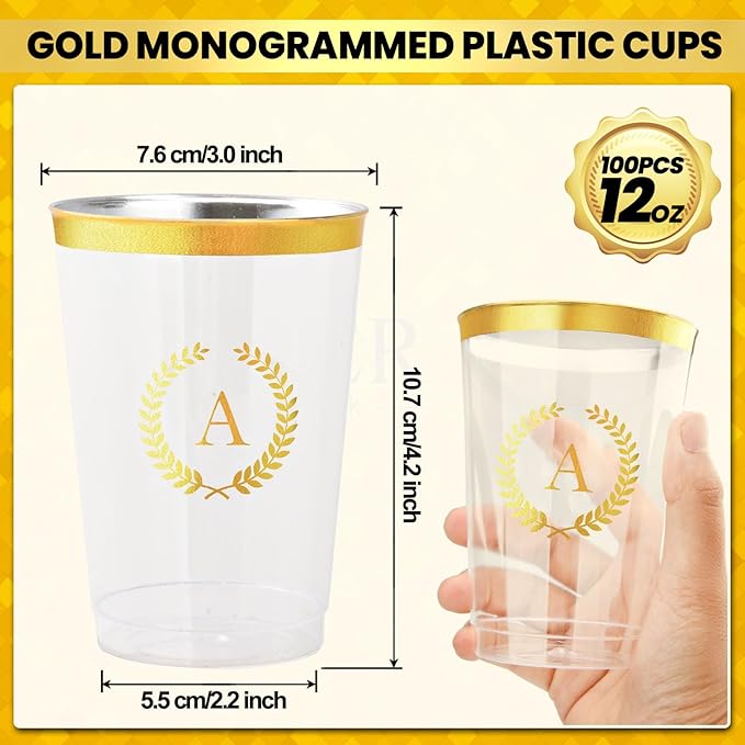 100 Pieces Monogrammed Plastic Cups Gold Foil Letter A Disposable Cups 12 oz Clear Initial Party Cups for Wedding Birthday Baby Shower Personalized Party Drinkware
