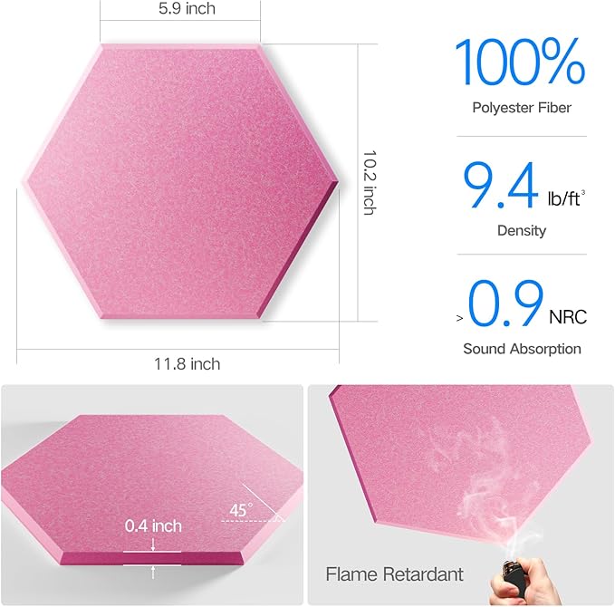 12 Pack Self-Adhesive Acoustic Panels 12" X 10" X 0.4" - Sound Proof Foam Panels with High Density, Stylish Hexagonal Design, Flame Resistant, Absorb Noise and Eliminate Echoes(Pink)