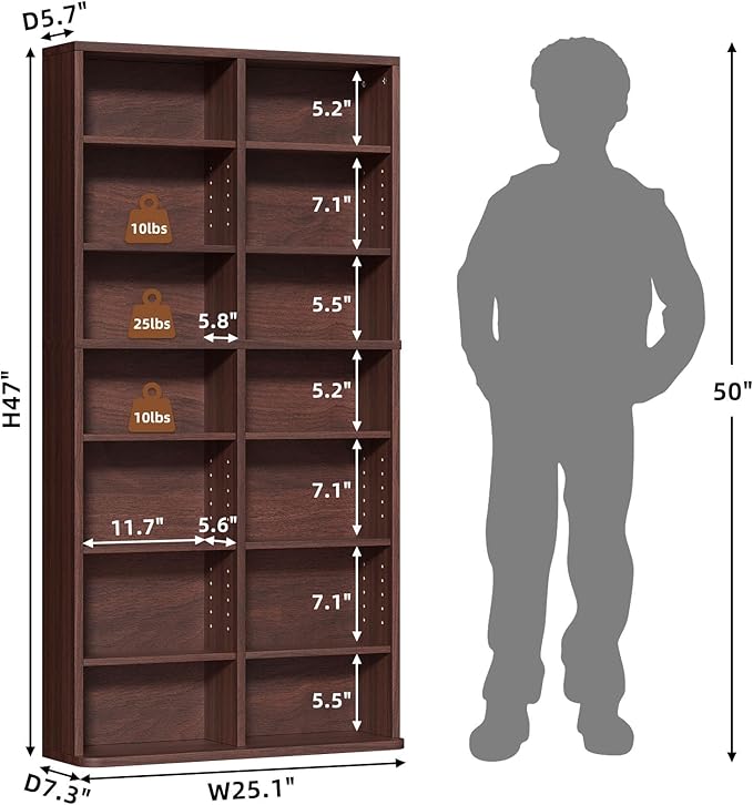 LELELINKY 7 Tier Tall Display Cabinet, Walnut Media Storage Cabinet with Adjustable Shelves, Free Standing DVD Organizer Shelf, Floor Multimedia Storage Manga Bookshelf for Living Room & Home Office.