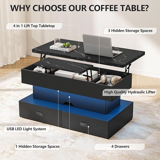 Turosur 40" Lift Top Coffee Table, LED Coffee Tables with Storage and 4 Drawers, Coffee Table with Lifting top for Living Room Home Office, Black