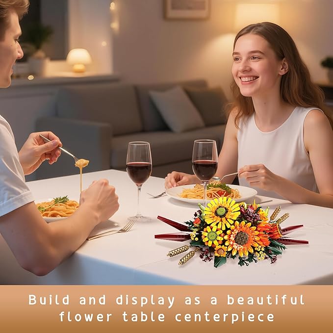 2 in 1 Sunflower Building Blocks Set with Vase, Botanical Collection Artificial Flowers Compatible with Lego for Adults, Gift for Christmas Home Décor Flower Table Centerpiece