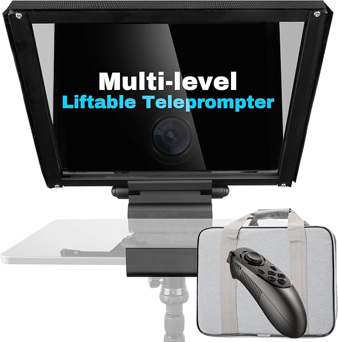 i7 /14-inch teleprompter with Remote Control, Adjustable Camera mounting Platform (Aluminum), rotatable Tempered Optical Glass, Carrying case Included.