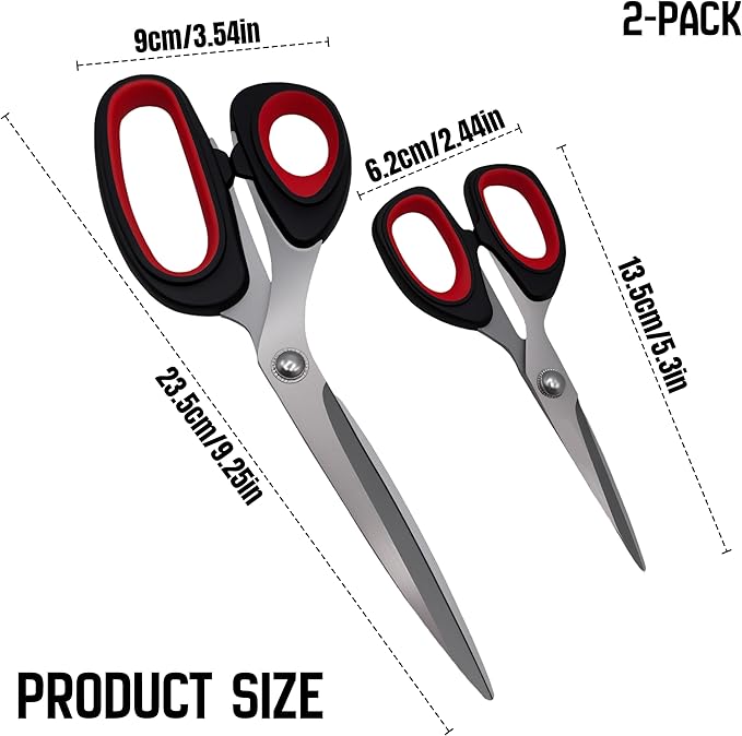Scissors, 2-pack multi-functional set - stainless steel with comfortable grip. Suitable for handicraft, office cutting, cutting fabric, leather & paper. Ideal for left & right-handed users