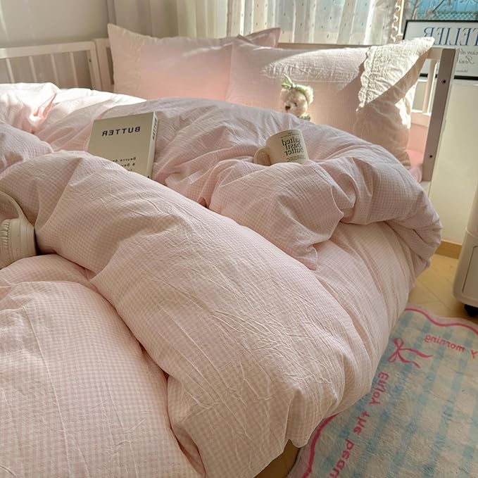 LifeTB Pink Gingham Duvet Cover Twin Size 3 Pieces Romantic Lace Duvet Cover Pink Plaid Checkered Comforter Cover with 2 Pillowcases Soft Breathable Microfiber Grid Farmhouse Plaid Bedding Set