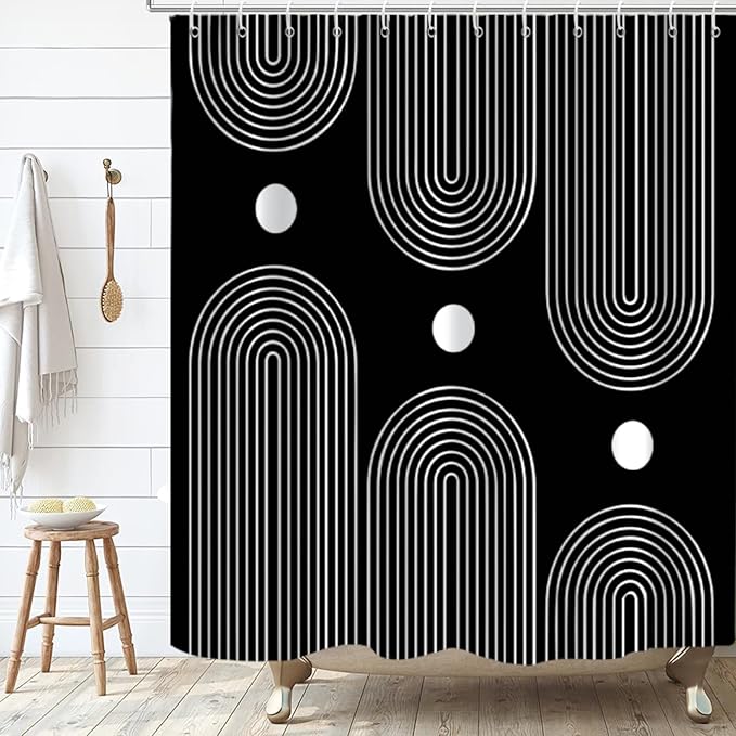 Black and White Extra Long Shower Curtain, Boho Minimalist Mid Century Modern Arch Geometric Machine Washable Waterproof Fabric for Bathroom Bathtub Decor with Hooks 72Wx84H