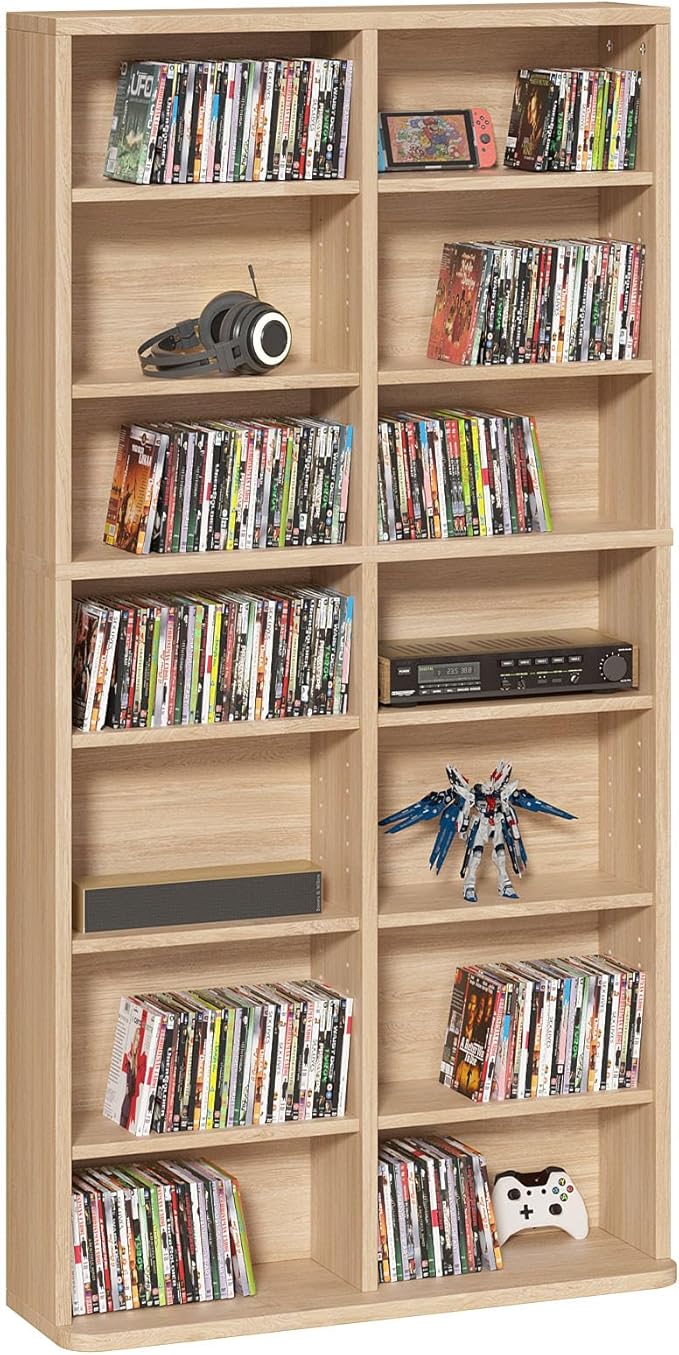 LELELINKY 7 Tier Tall Display Cabinet, Natural Media Storage Cabinet with Adjustable Shelves, Free Standing DVD Organizer Shelf, Floor multimedia storage manga bookshelf for Living Room & Home Office.
