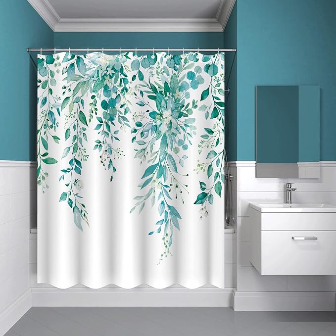 Teal Eucalyptus Shower Curtain Watercolor Floral Plant Leaf Shower Curtains for Bathroom Botanical Flower Waterproof Fabric Bath Curtain Decor with Hooks (Teal, 72'' x 72'')