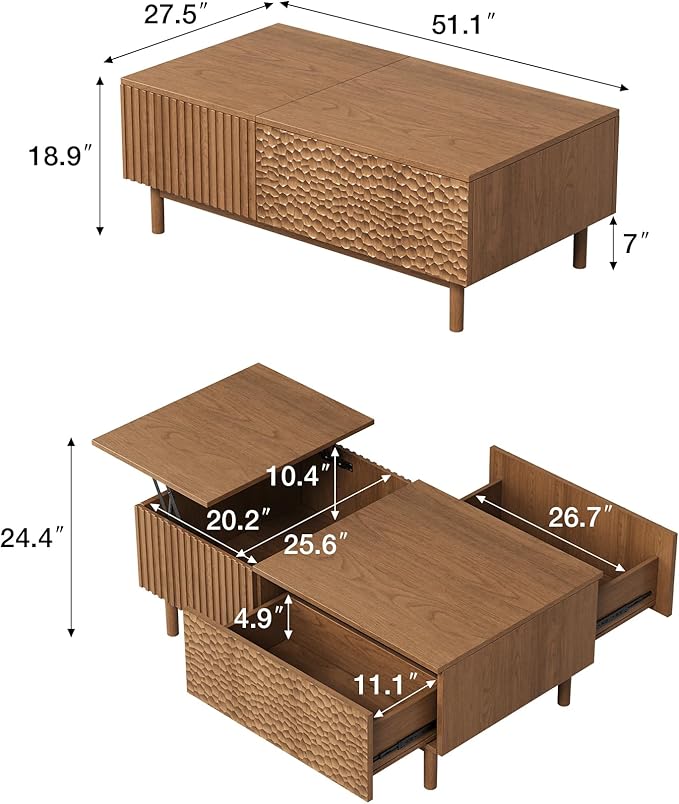 NessCarsti 51.1" Mid-Century Modern Lift Top Coffee Table, Walnut Rectangular Center Table with Hidden Storage, Drawers & Sturdy Wooden Legs, for Living Room, Apartment, Office