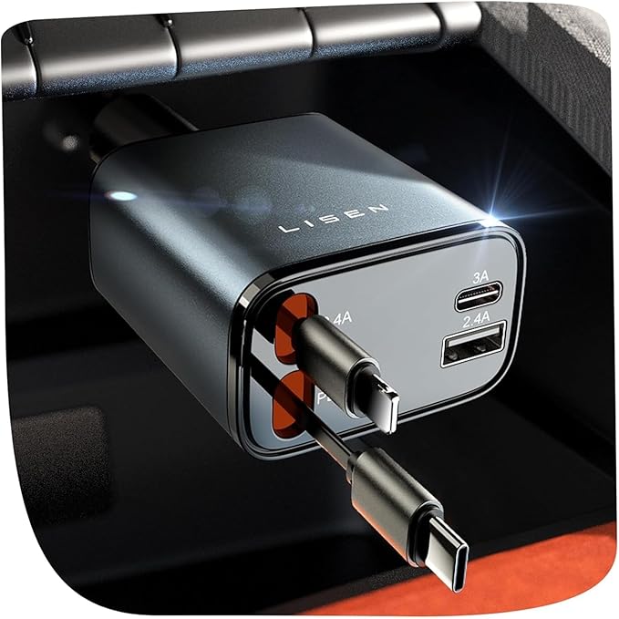 LISEN Retractable Car Charger, for Gifts for Him Her, 69W Cars Adapter USB C Fast Charger for iPhone 17-11, Car Accessories Gadgets for Men, Anniversary Birthday Gifts for Men Women, for Samsung