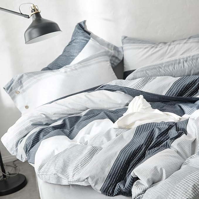LifeTB Striped Comforter Set Twin XL Size, Modern Style Blue Grey Stripes Pattern Printed Bedding Set, 3 Pieces Lightweight Bedding Comforter Set, Stripe Soft Fluffy Bed Comforter with 2 Pillowcases